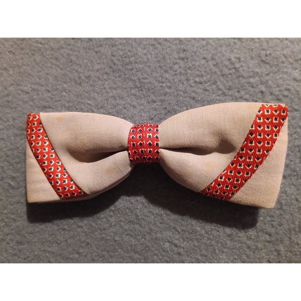 Diamond Men's Bow Tie Beige Red Patterned Clip-On Adjustable